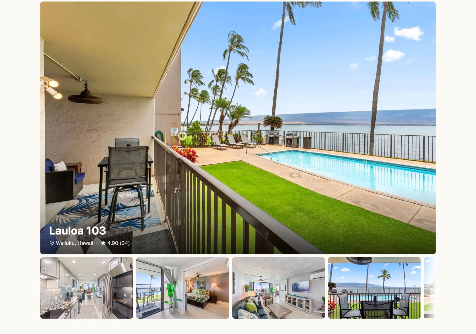 The property detail fixture: a full-width hero photo with the property name, location, and rating, above a photo strip.