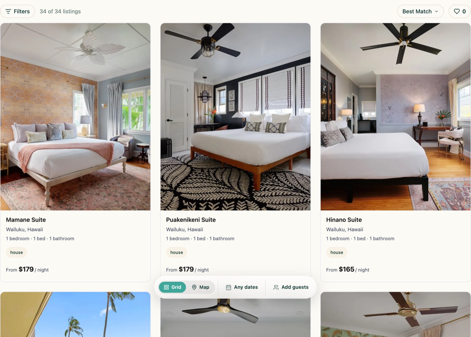 The results page fixture on a live site: filters, listing count, sort control, a three-column property grid, and the grid, map, dates, and guests toolbar.
