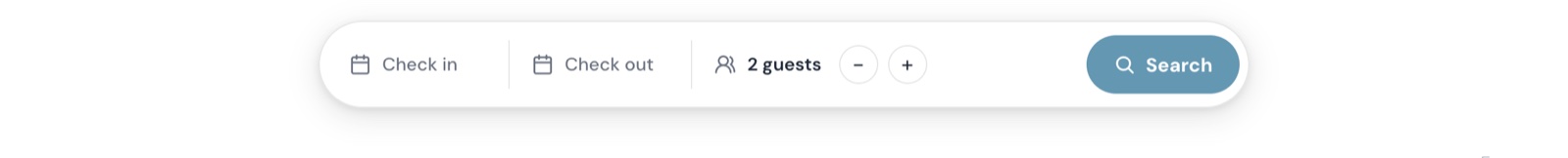 The search bar fixture: check in, check out, a guest count with plus and minus, and a Search button, in one rounded bar.