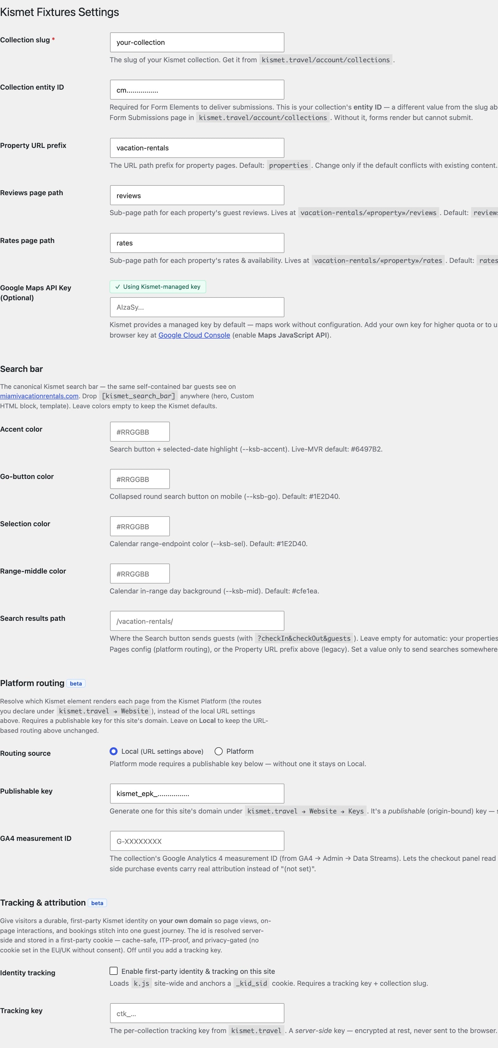 The plugin settings screen: collection slug, entity ID, property URL prefix, reviews and rates paths, Google Maps key, search bar colors and results path, platform routing with the publishable key, GA4 measurement ID, and tracking.